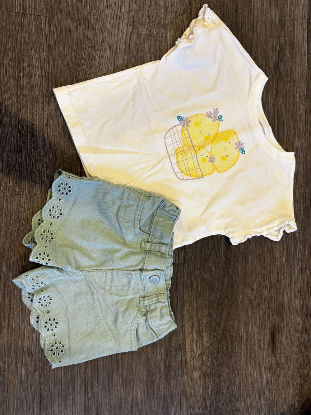 Carter's White Tee with Yellow Chick Graphic & Mint Eyelet Shorts
